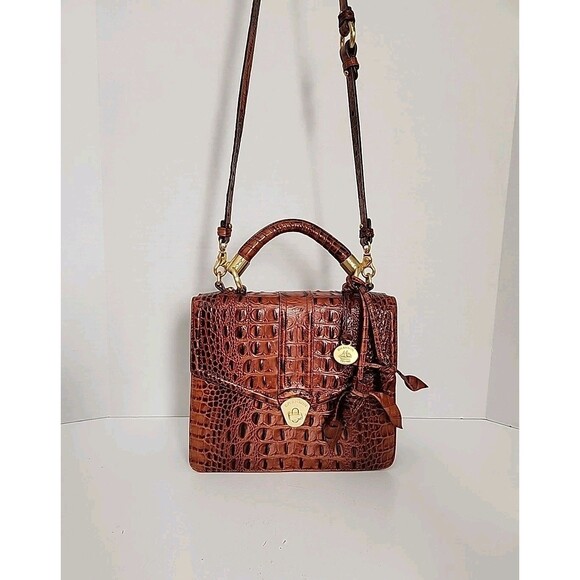 VINTAGE BRAHMIN VITTORIA ROSE BROWN LEATHER HANDBAG W/ MATCHING ROSE BUD TASSELS